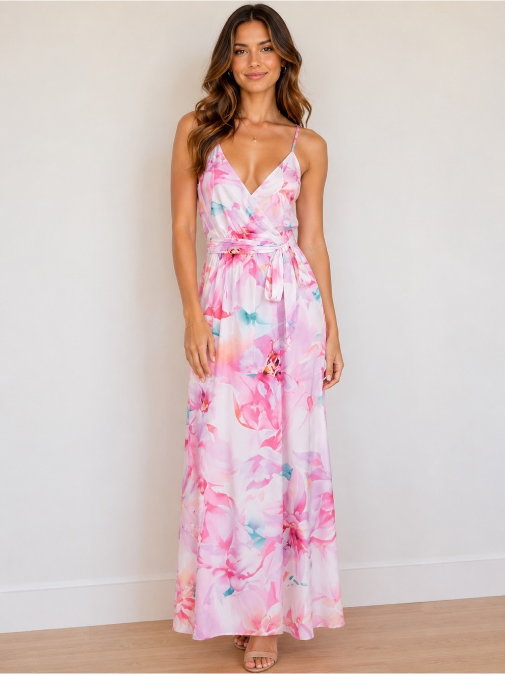 🆕(NWT) NICOLE MILLER Floral Satin Maxi Dress with Tie. Size MEDIUM. Sundress